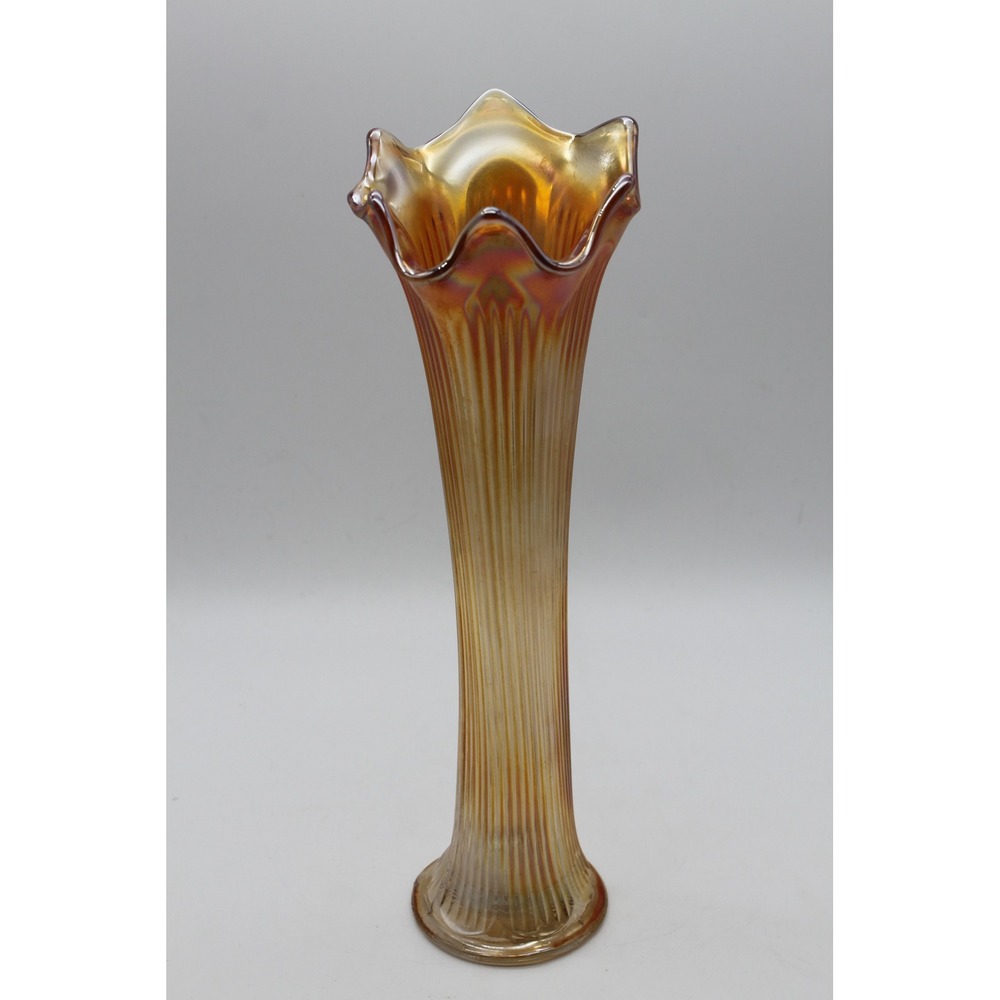 Vintage Grandmacore Fenton Fine Rim Marigold Carnival Glass Swung Vase 10.5"